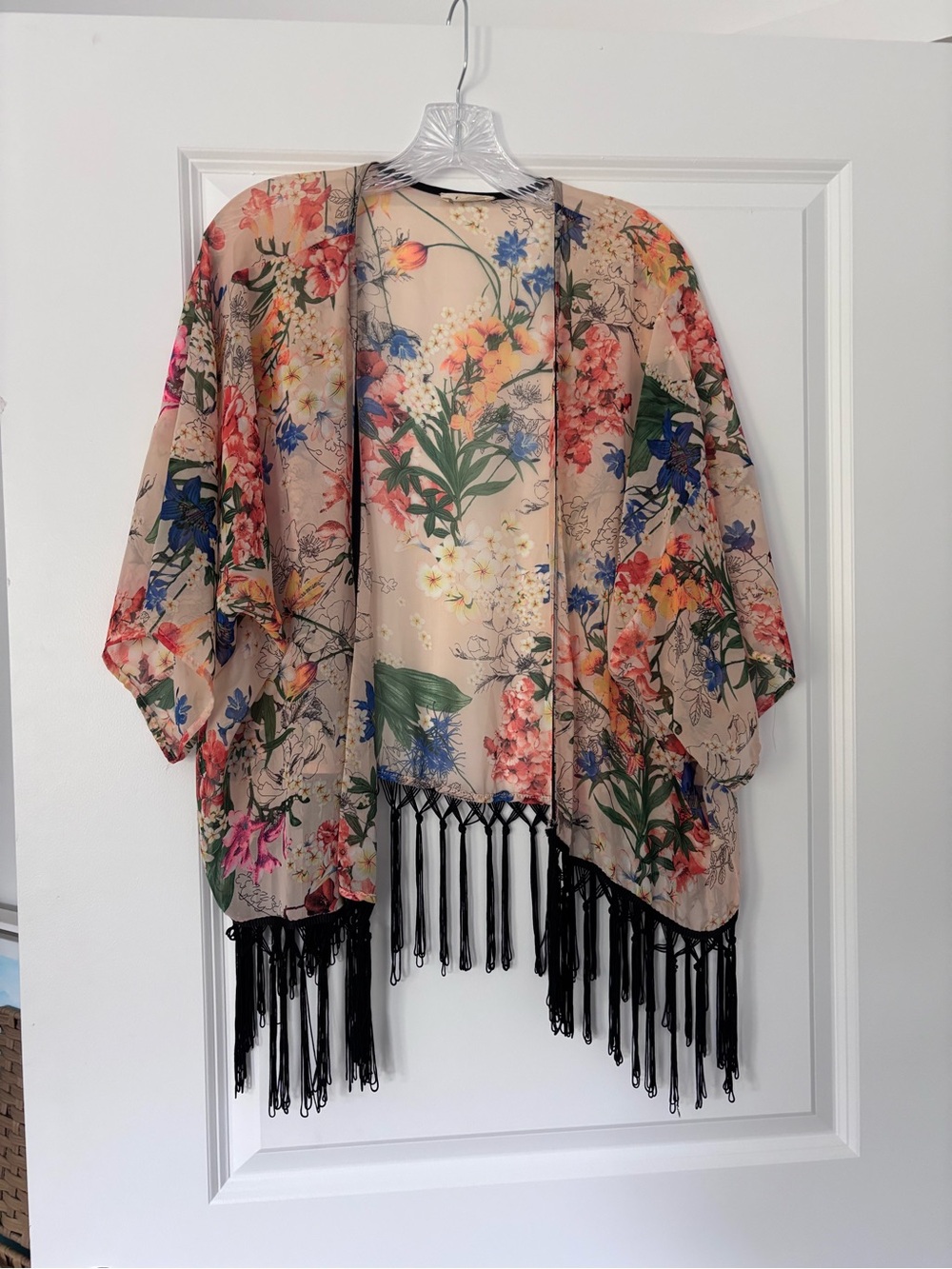 Floral Fringe Kimono Top in Beige, Orange, pink, green and Black
